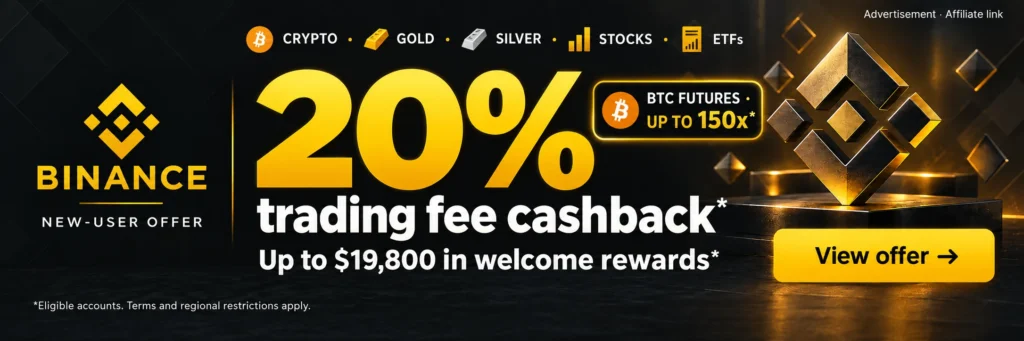 Binance. CRYPTO · GOLD · SILVER · STOCKS · ETFs. 20% trading fee cashback*. Up to $19,800 in welcome rewards*. BTC FUTURES · UP TO 150x*. *Eligible accounts. Terms and regional restrictions apply.