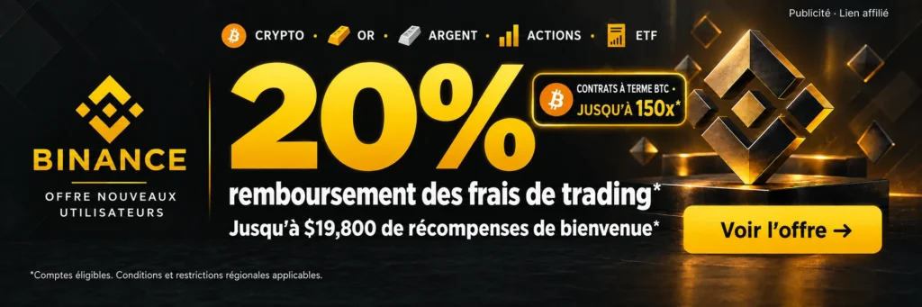 Binance. CRYPTO · OR · ARGENT · ACTIONS · ETF. 20% remboursement des frais de trading*. Jusqu’à $19,800 de récompenses de bienvenue*. CONTRATS À TERME BTC · JUSQU’À 150x*. *Comptes éligibles. Conditions et restrictions régionales applicables.