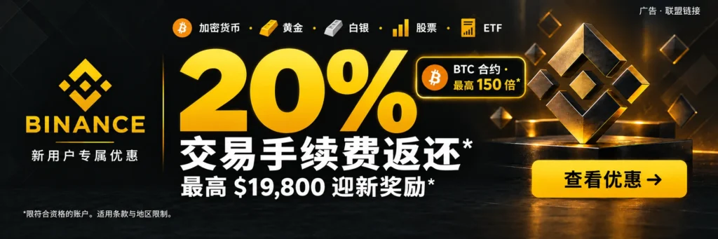 Binance. 加密货币 · 黄金 · 白银 · 股票 · ETF. 20% 交易手续费返还*. 最高 $19,800 迎新奖励*. BTC 合约 · 最高 150 倍*. *限符合资格的账户。适用条款与地区限制。